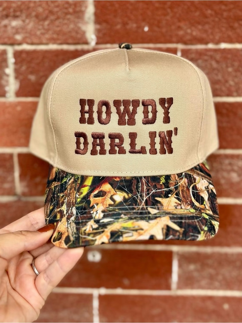 Howdy Darlin' Embroidered Tan Cap with Camo Brim
